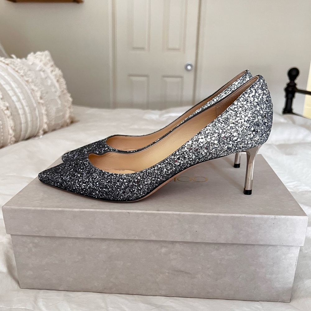 Jimmy Choo Romy 60 Silver and Blue Ombré Glitter Pointy Toe Pumps $190